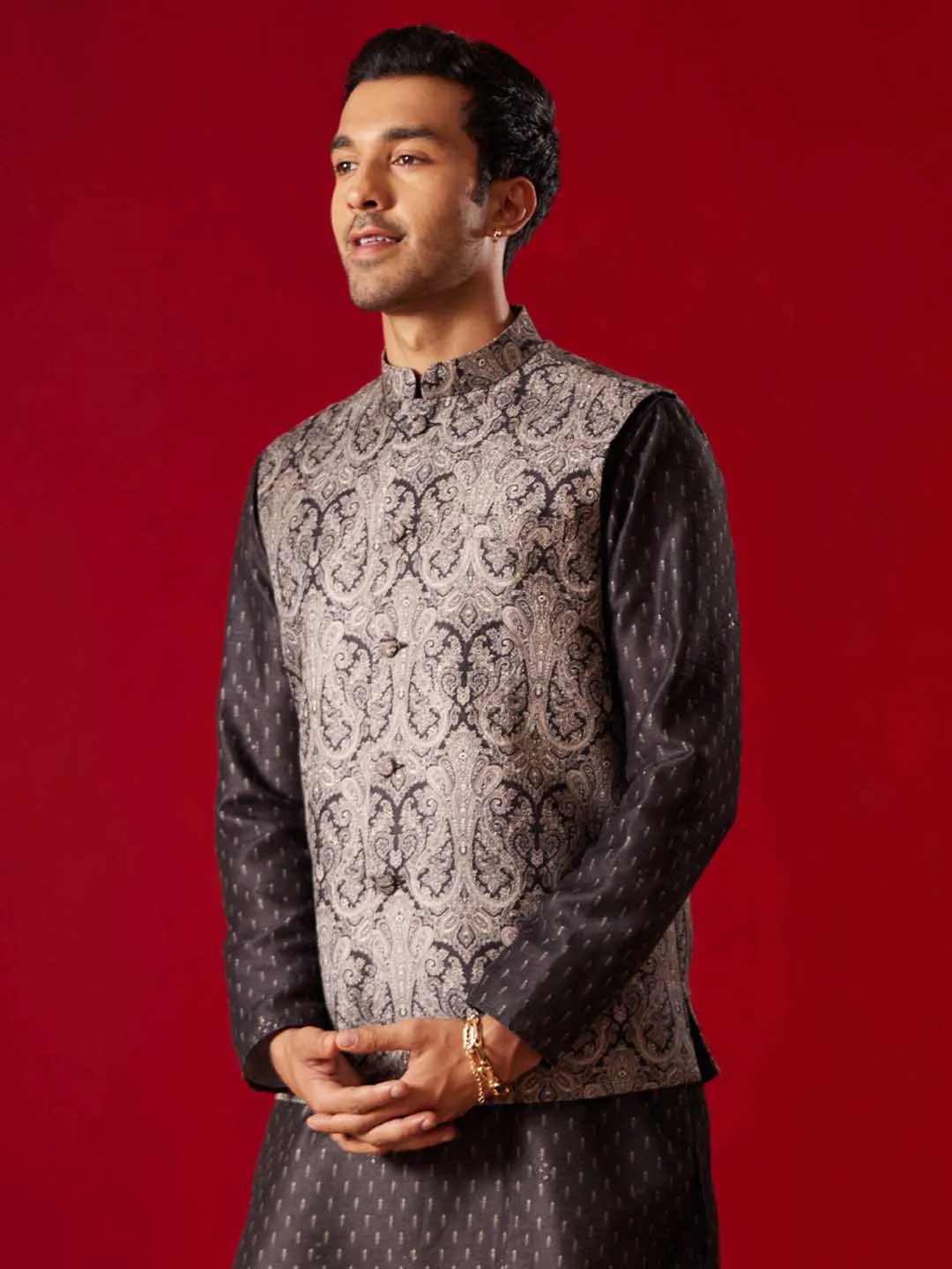 Men's Black Jacquard Silk Blend Ethnic Jacket by Vastramay