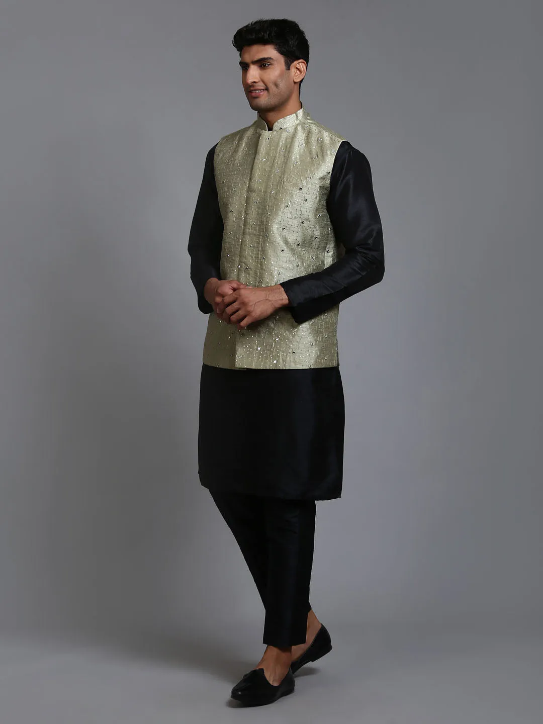 Vastramay Men's Mehndi Green Embellished Jacket & Black Kurta Pant Set