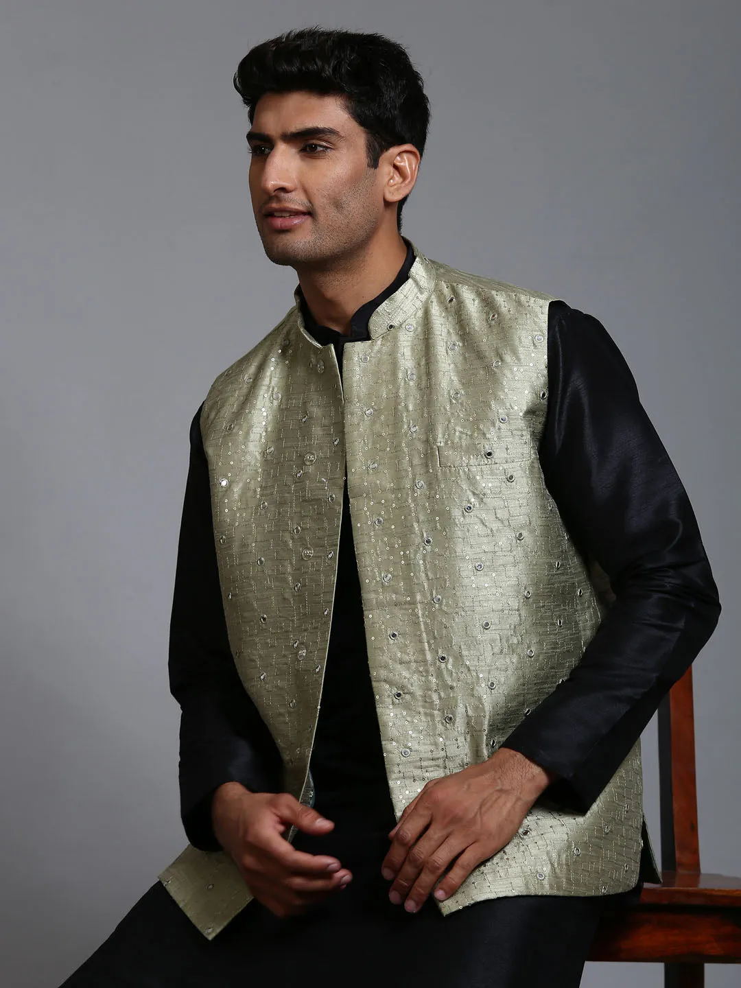 Vastramay Men's Mehndi Green Embellished Jacket & Black Kurta Pant Set