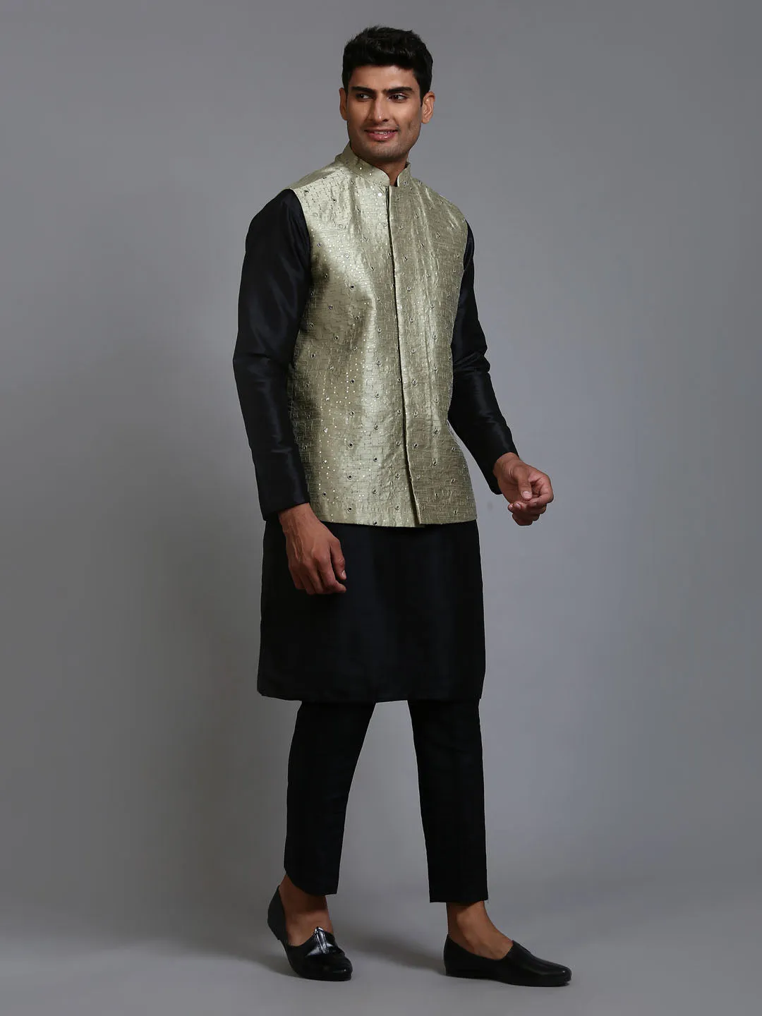 Vastramay Men's Mehndi Green Embellished Jacket & Black Kurta Pant Set