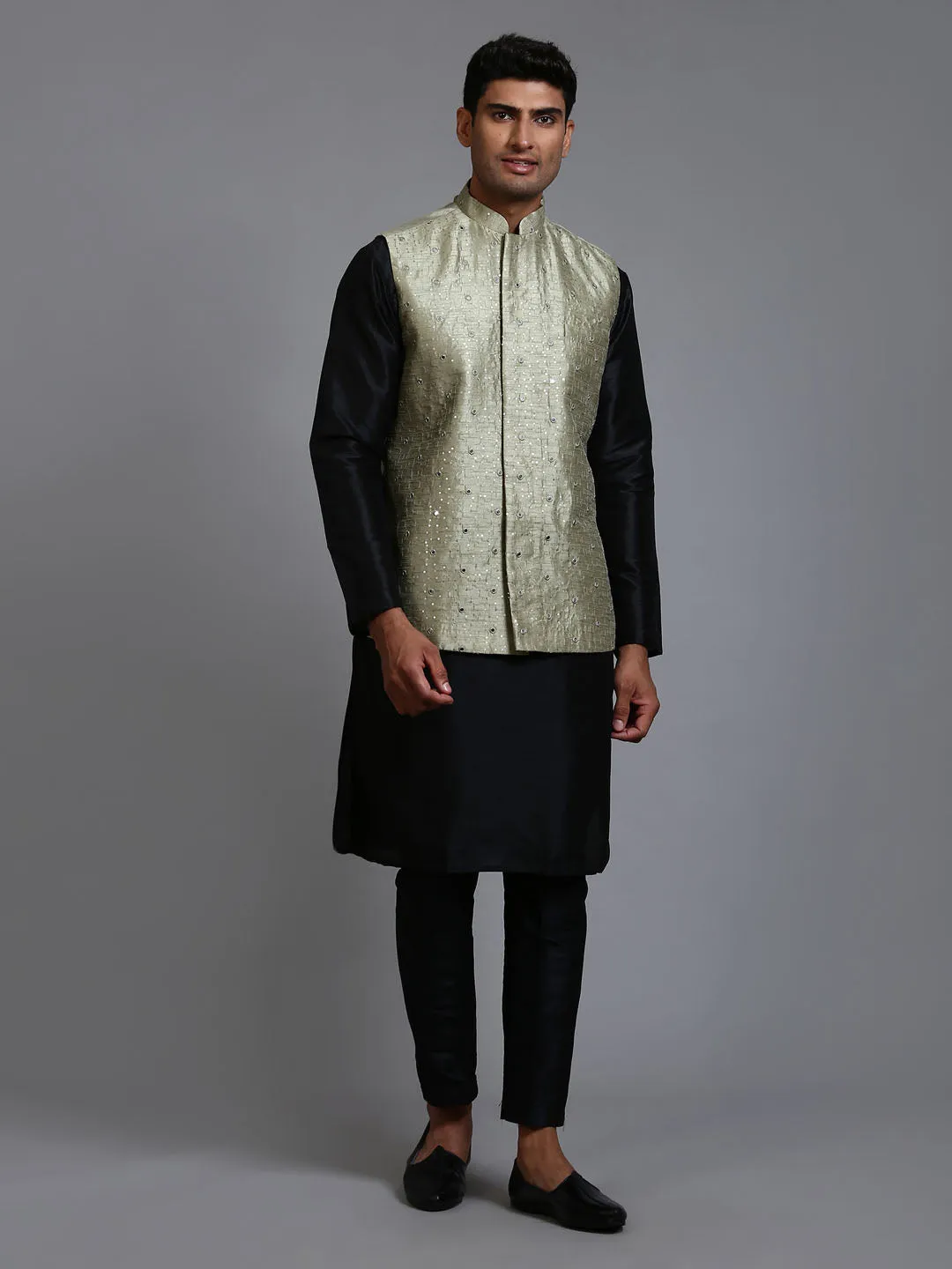 Vastramay Men's Mehndi Green Embellished Jacket & Black Kurta Pant Set