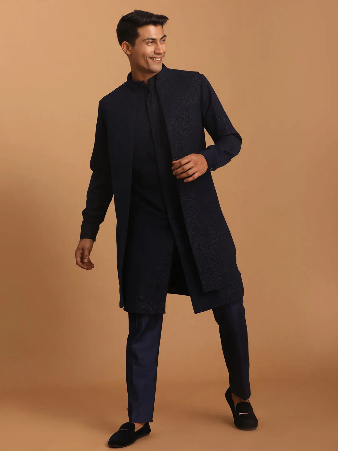 Men's Navy Blue Printed Jacket Kurta Pant Set by Vastramay