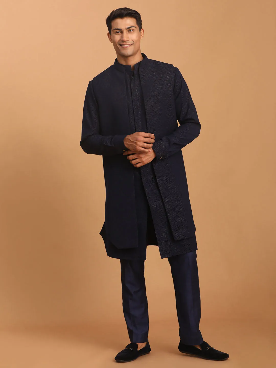 Men's Navy Blue Printed Jacket Kurta Pant Set by Vastramay