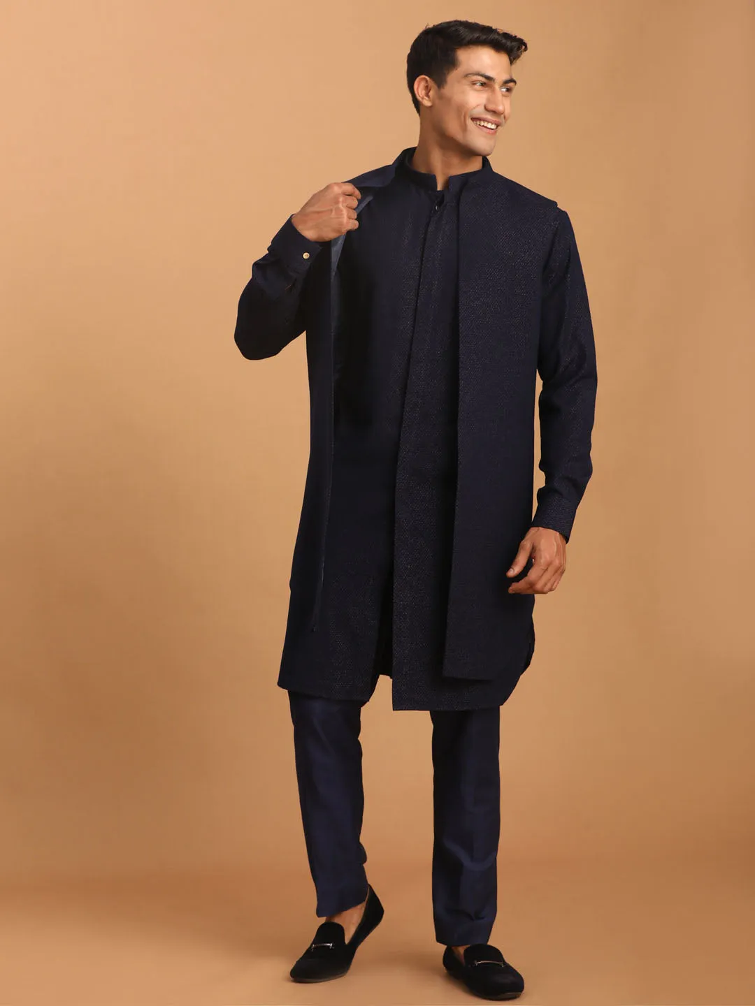 Men's Navy Blue Printed Jacket Kurta Pant Set by Vastramay