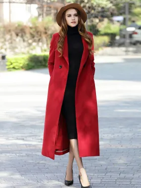 Winter 2024 Women's Long Wrap Coat - Solid Color, Turndown Collar, Sash