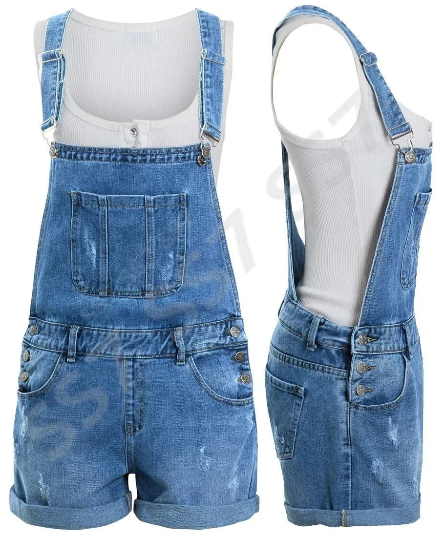 Women's Denim Blue Dungaree Shorts, Sizes 6-14