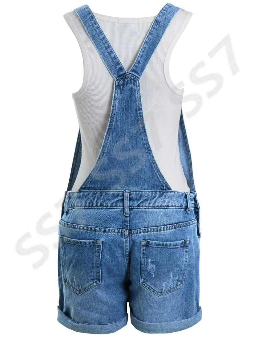 Women's Denim Blue Dungaree Shorts, Sizes 6-14