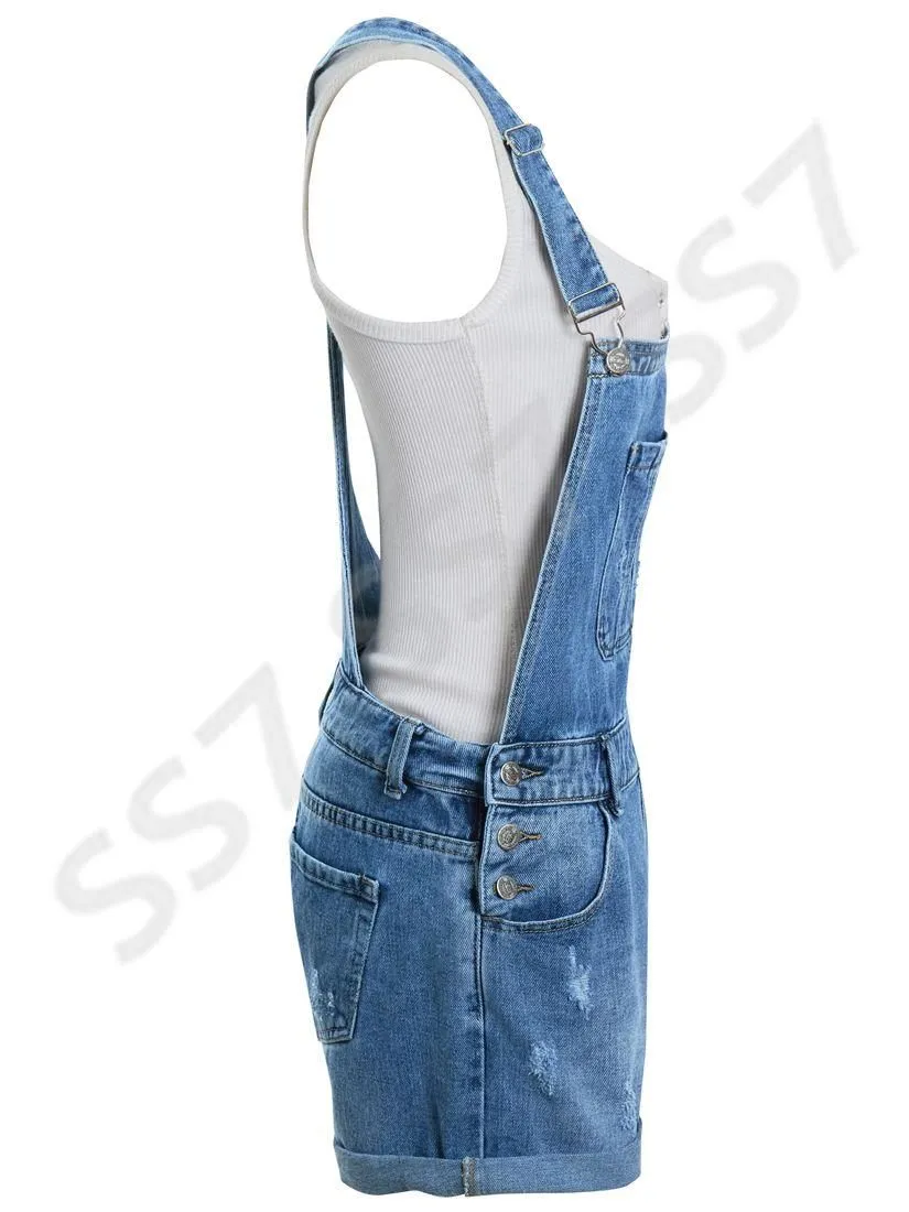 Women's Denim Blue Dungaree Shorts, Sizes 6-14