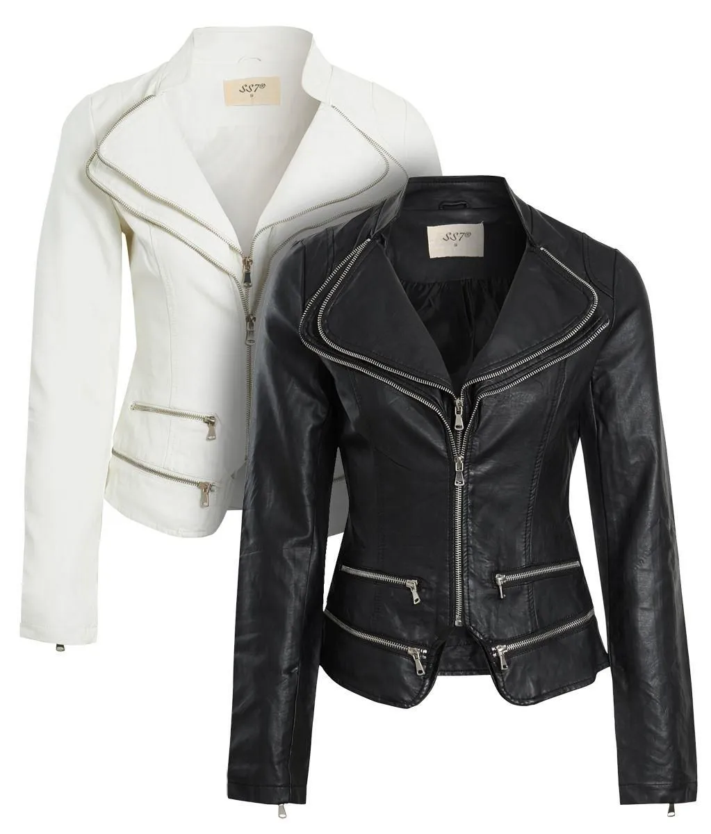 Off White Black Womens Faux Leather Biker Jacket Double Zip Collar UK Sizes 8 16UK