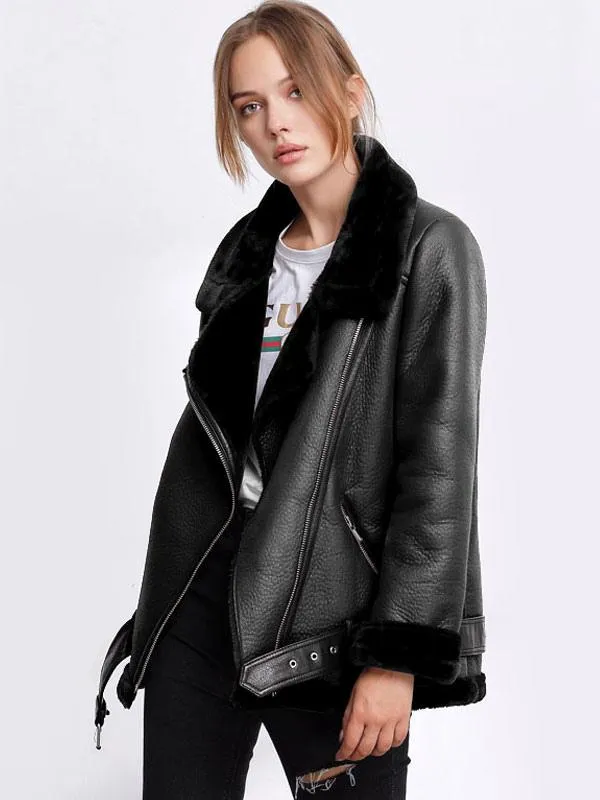 Women's Faux Shearling Moto Jacket - Winter Outerwear