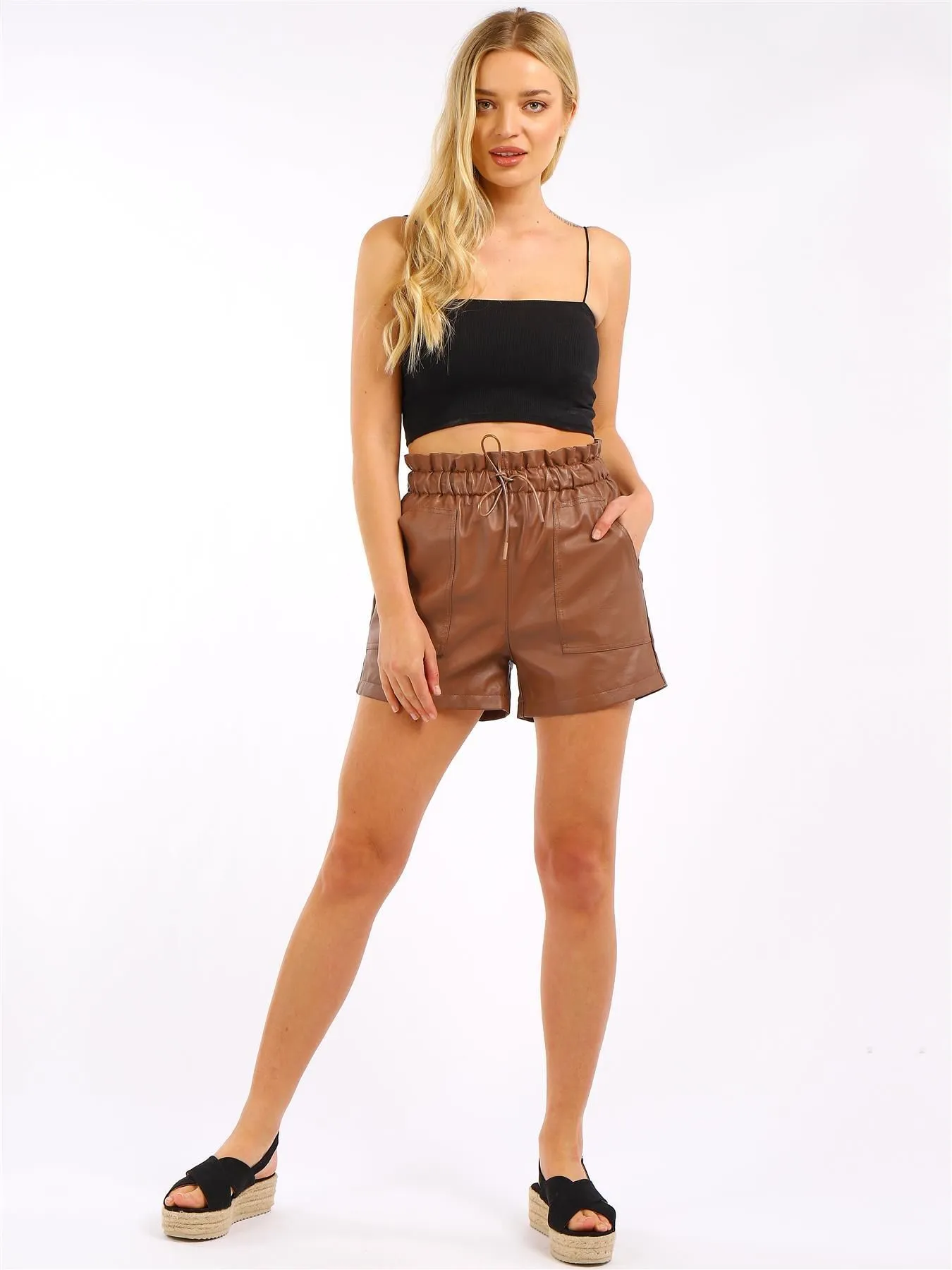 Women's Trendy Paperbag PU Shorts, Black & Brown, UK Sizes 8-14