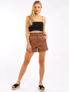 Women's Trendy Paperbag PU Shorts, Black & Brown, UK Sizes 8-14