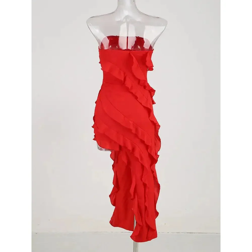 Red Summer Sexy Sleeveless Dress with Slit Ruffles