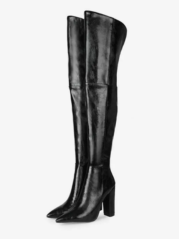 Black Pointed Toe Chunky Heeled Thigh High Boots