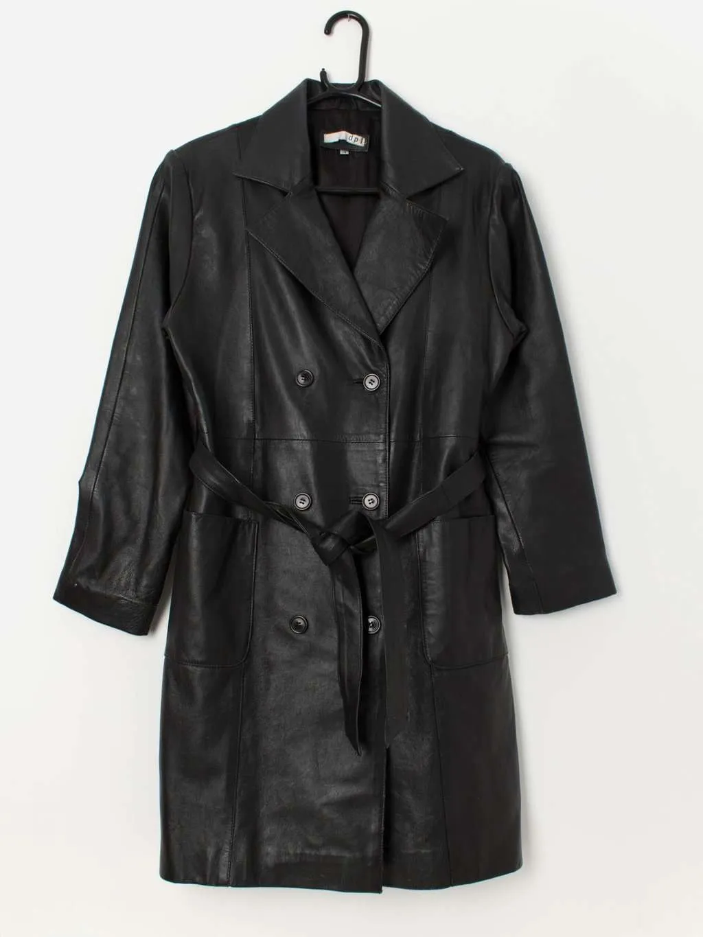 Vintage Black Leather Coat with Belt - Medium