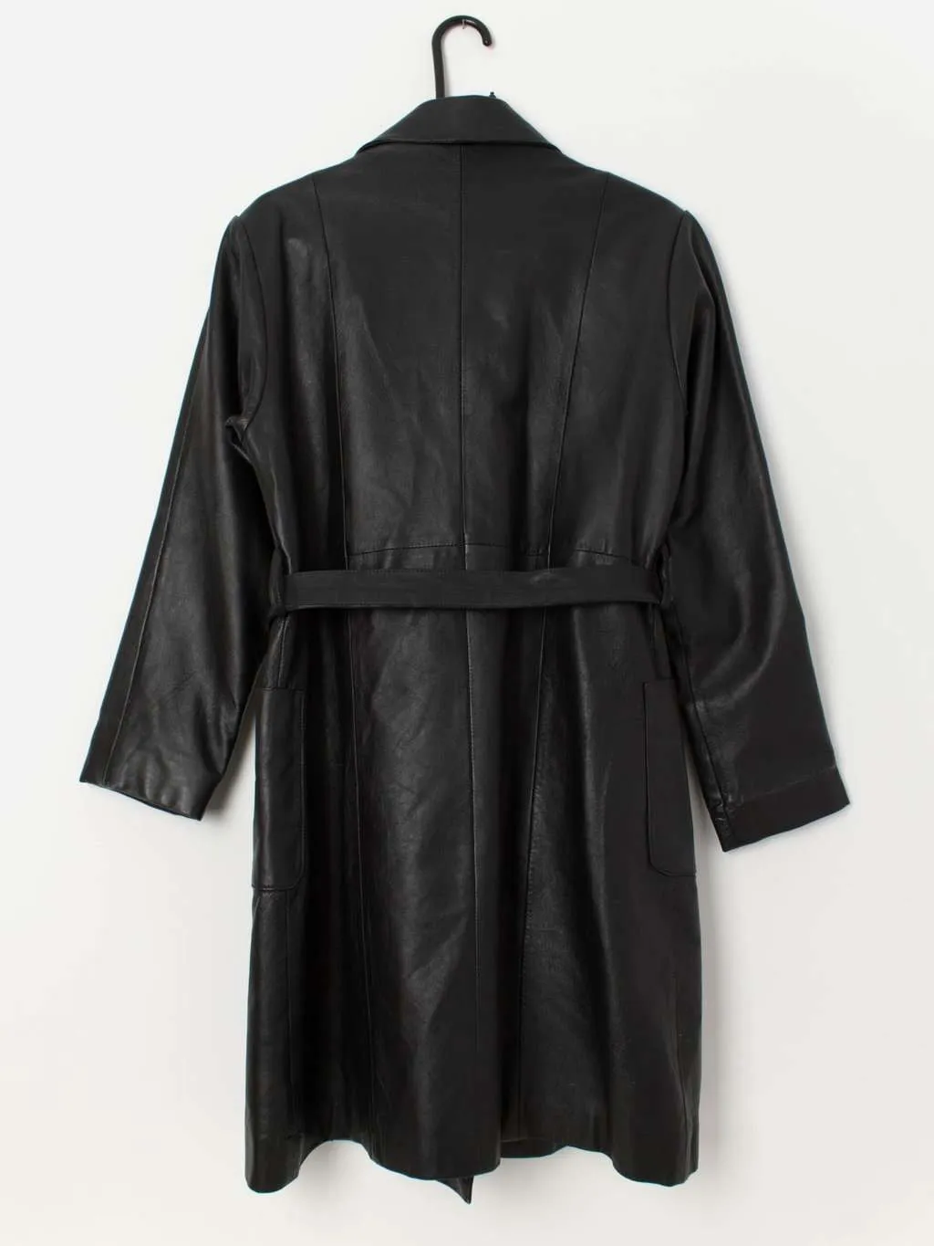 Vintage Black Leather Coat with Belt - Medium