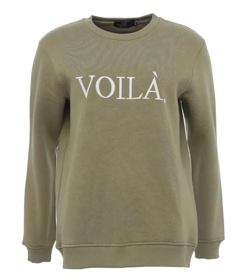 ZWILLINGSHERZ Round Neck Cotton Sweater with Voila Lettering - Khaki