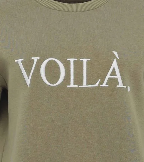 ZWILLINGSHERZ Round Neck Cotton Sweater with Voila Lettering - Khaki